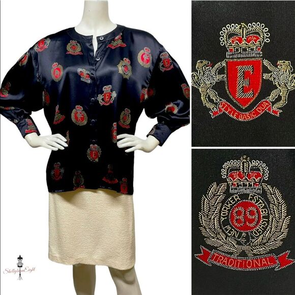 ESCADA Margaretha Ley Vintage 80s Button Up Silk Blouse Medals Crest 40 10 OVRSZ - Picture 1 of 14